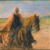 Obraz przedstawia mężczyznę na koniu na tle stepu. Obraz namalowany pastelami