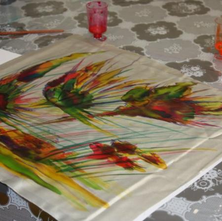 Praca - obraz na jedwabiu.