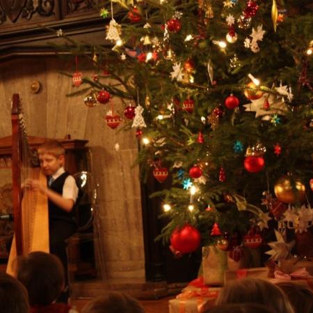 Chłopiec grający na harfie.