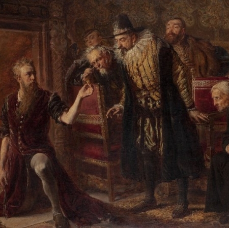 Jan Matejko, Alchemik Sędziwój i król Zygmunt III,1867;ol. deska 72,5 x130-70x125
