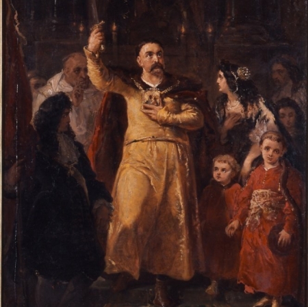 Jan Matejko, Jan III Sobieski składa ślub w Częstochowie,  1859; ol., papier nakładany na pł. 76,5x54