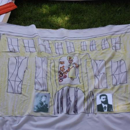 Fragment wykonanego na płótnie planu Księżego Młyna przedstawiający Pałac Herbsta.