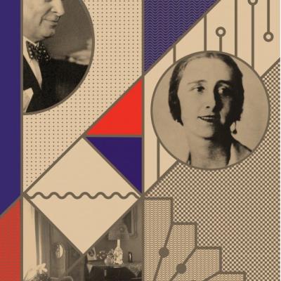 Geometryczna grafika z dwoma czarnobiałymi zdjęciami, dominują kolory beżowy: niebieski i czerwony.