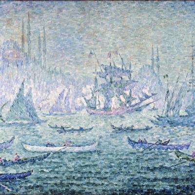 Obraz przedstawia zatokę, po której pływają łodzie i statki. W tle zabudowania.