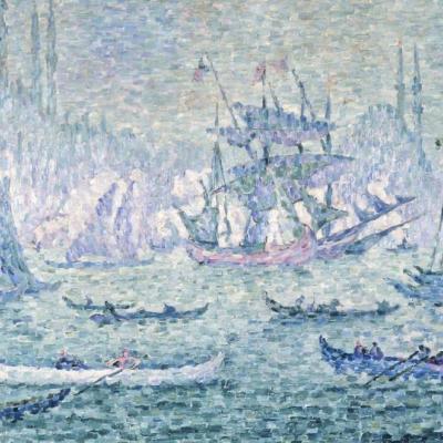 Obraz przedstawiający statki i łodzie w porcie