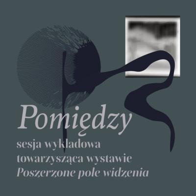 Widok wystawy, szara ściana z napisem "poszerzone pole widzenia" obok ściana z kompozycją małych prac oprawionych w ramy. 