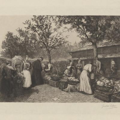 Rycina przedstawia grupę osób w historycznych strojach, osoby są na zewnątrz, widać rosnące wkoło drzewa, osoby nachylają się nad koszami wypełnionymi warzywami i owocami. 