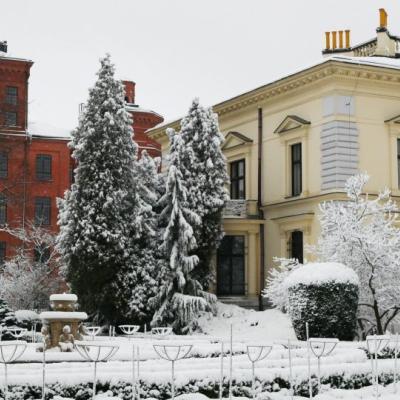 Ośnieżony ogród z fontanną, w tle po prawej pałac Herbsta.
