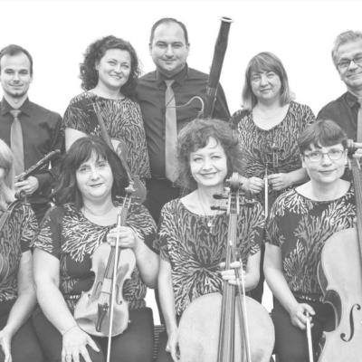 Czarno-białe zdjęcie przedstawia dziewięcioro muzyków z instrumentami.