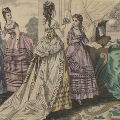 Ilustracja - pięć kobiet w sukniach z XIX wieku