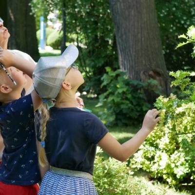 Uczestnicy warsztatów rodzinnych przyglądający się roślinom w ogrodzie