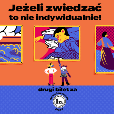 Grafika przedstawia dwie postacie stojące w przestrzeni wystawy, przed nimi na ścianach wiszą obrazy z kolekcji Muzeum Sztuki w Łodzi, autorstwa m.in. Stanisława Wyspiańskiego. 