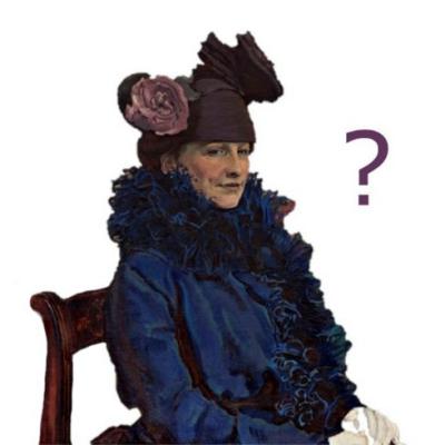 Postać wycięta z Portretu żony Józefa Mehoffera na białym tle. Po prawej znak zapytania.