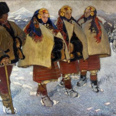 Obraz przedstawia trzy kobiety i mężczyznę idących obok siebie na tle zimowego pejzażu.