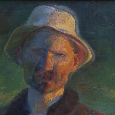 Fragment obrazu przedstawiającego głowę mężczyzny w kapeluszu