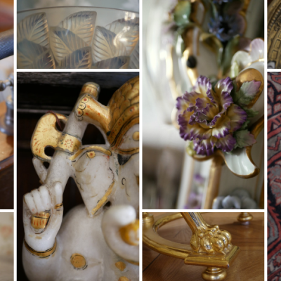 Kolaż ośmiu zdjęć przedstawiających zbliżenia na eksponaty (m.in. zegar, wazon, ramę lustra)