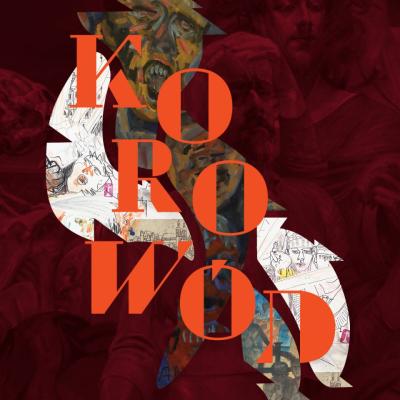 in the foreground, the title of the exhibition; in the background, a collage of fragments of paintings