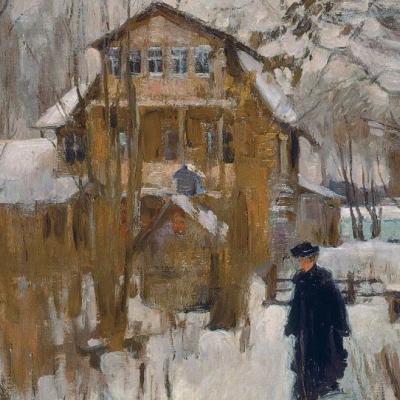 Zimowy pejzaż, w centrum dom, przed nim kobieta