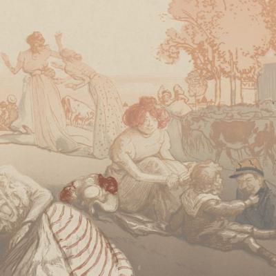 Grafika przedstawiająca grupę osób wypoczywających na dworze