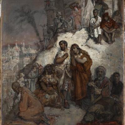 Obraz przedstawia ludzi przytulających się do siebie u podnóża i na wzgórzu. Na drugim planie fragment miasta.