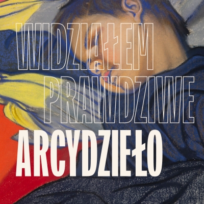 The image features a stylized portrait of a person with short, dark hair, resting their head on their arm. The artwork is rendered in a painterly style with visible strokes and a color palette of deep blues, yellows, and reds. Overlaid on the image is large, bold text in Polish that reads: "WIDZIAŁEM PRAWDZIWE ARCZYDZIEŁO." The words "WIDZIAŁEM" and "PRAWDZIWE" are in a transparent outline font, while "ARCYDZIEŁO" is in solid white, standing out prominently against the background.