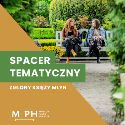 Kwadratowa grafika. Jej pole podzielone jest na pół po skosie. Jedną część wypełnia fragment zdjęcia - dwie kobiety siedzą na ławce w parku i rozmawiają zwrócone do siebie. Drugą część wypełnia jednolity pomarańczowy kolor. W centrum napis "Spacer tematyczny" na jasnozielonym tle.