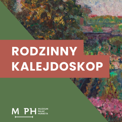 Kwadratowa grafika. Jej pole podzielone jest na pół po skosie. Górną część wypełnia zdjęcie detalu - pejzażu przedstawiającego kwiaty. Dolną część wypełnia jednolity zielony kolor. W centrum napis na jasnoróżowym tle "Rodzinny Kalejdoskop".