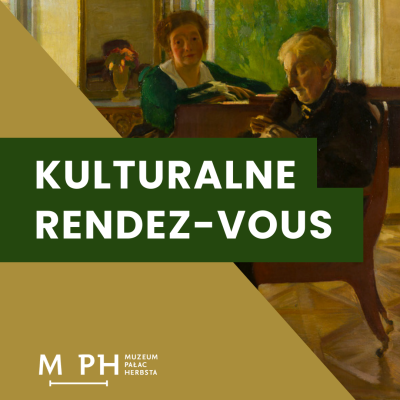 Kwadratowa grafika. Jej pole podzielone jest na pół po skosie. Górną część wypełnia fragment obrazu przedstawiający dwie kobiety siedzące przy fortepianie. Dolną część wypełnia jednolity musztardowy kolor. W centrum napis na ciemnozielonym tle. 