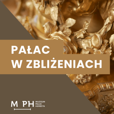 Kwadratowa grafika. Jej pole podzielone jest na pół po skosie. Górną część wypełnia zdjęcie detalu - ornamentu kwiatowego. Dolną część wypełnia jednolity brązowy kolor. W centrum napis musztardowym tle. 