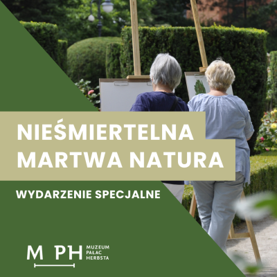 Kwadratowa grafika. Jej pole podzielone jest na pół po skosie. Jedną część wypełnia zdjęcie przedstawiające kobiety malujące na sztalugach w plenerze. Drugą część wypełnia jednolity zielony kolor. W centrum napis na jasnobeżowym tle. 