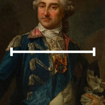 Portret mężczyzny w mundurze wojskowym z epoki. Ma on białą perukę, niebieską kurtkę ze srebrnymi frędzlami na naramiennikach oraz nosi czerwoną wstęgę i order.