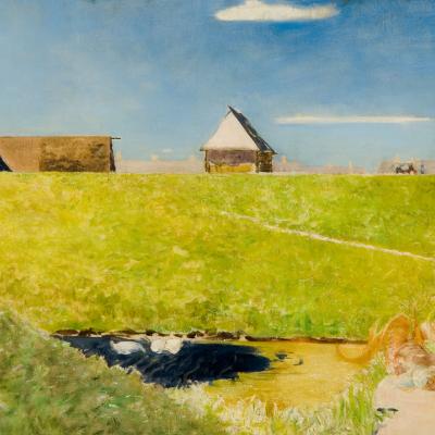 Obraz przedstawia pejzaż zielonej łąki z domkami i stawem, przy którym siedzą chimery.