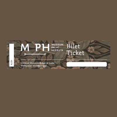 A graphic showing a ticket to the Herbst Palace Museum set against dark olive wallpaper with a floral motif. On the left side, there is a white "MPH" logo and the museum's website address, while on the right, the large words "Bilet" and "Ticket" are placed above a white field intended for transaction data. Everything on olive green background.