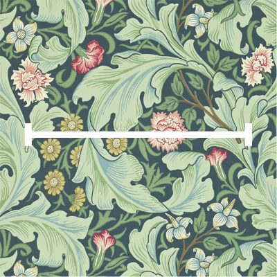 Obraz przedstawia wzór roślinny na ciemnozielonym tle. Wzór składa się z dużych, jasnozielonych liści o falistych brzegach oraz drobnych kwiatów w kolorach kremowym, czerwonym i żółtym. Niektóre kwiaty mają widoczne łodygi i liście, inne są rozproszone po tle. Przez środek obrazu biegnie biały pasek.