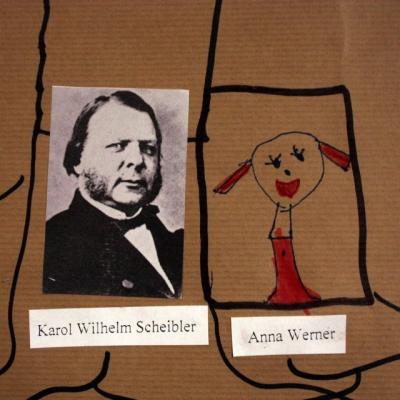 na brązowym arkuszu czarno-białe zdjęcie przyklejone obo narysowanej postaci. Podpisy pod ilustracjami Karol Scheibler, Anna Werner